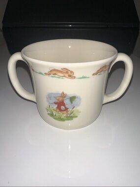 Children's Double-Handled Bunny Ceramic Cup - Cream with Pastel Bunny Print 1936